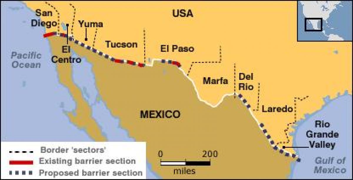 karta över den mexikanska gränsen