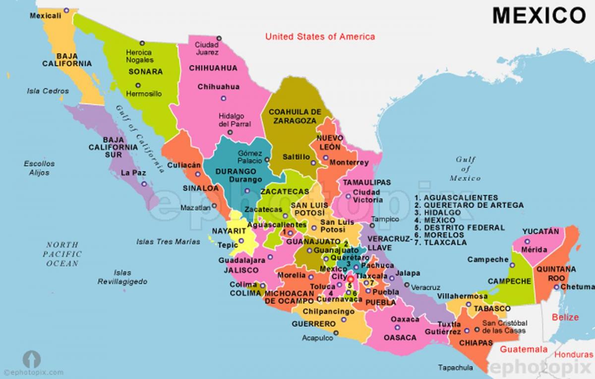 Mexiko karta med länder och huvudstäder