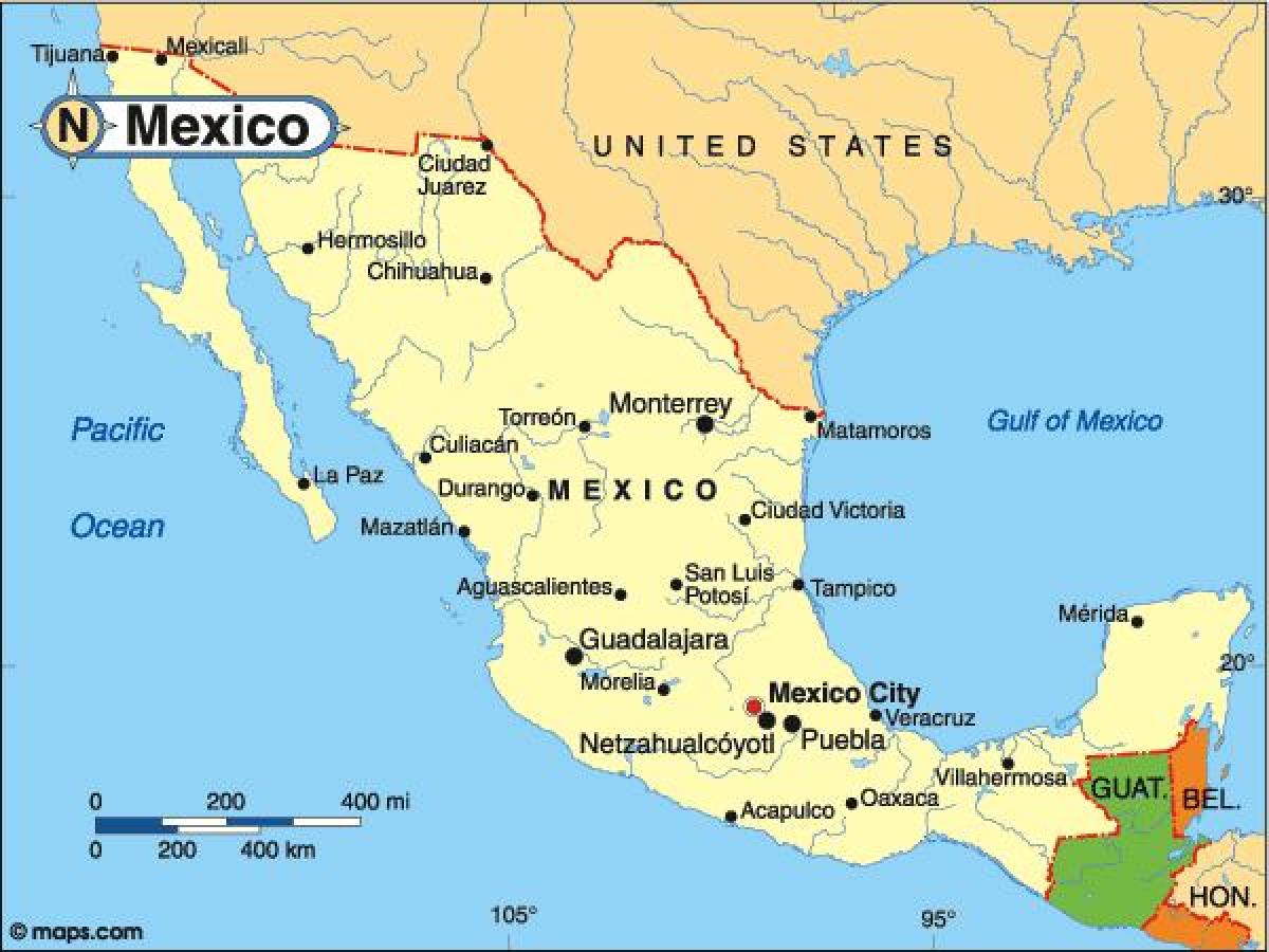 Landet karta över Mexico - Land Mexiko karta (Central-Amerika - nord